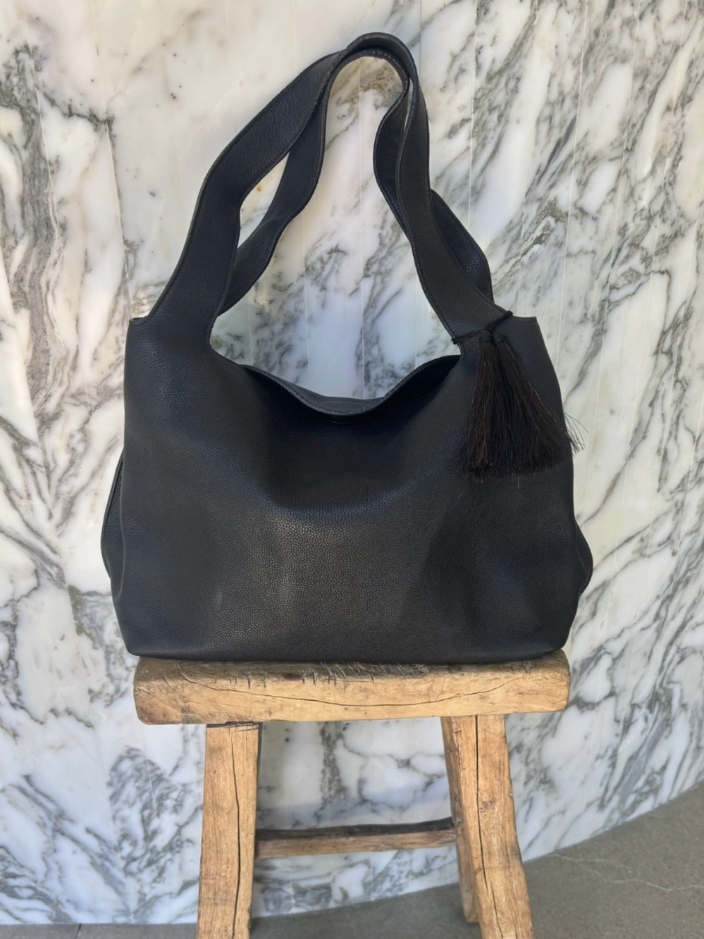 The Row Black Duplex Leather Tote with Tassel